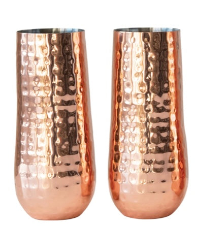 Hammered Stainless Steel Copper Stemless Champagne Flutes - Set of 2