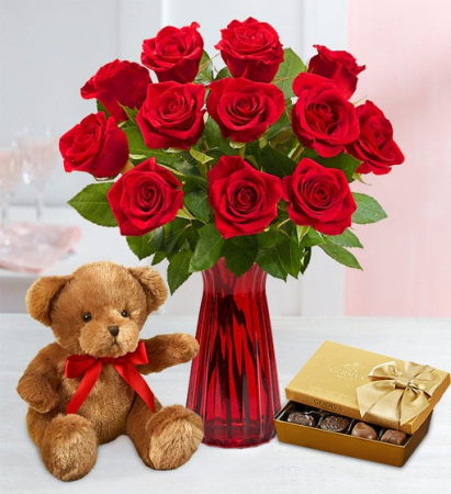 Dozen Red Roses with Teddy Bear & Chocolates